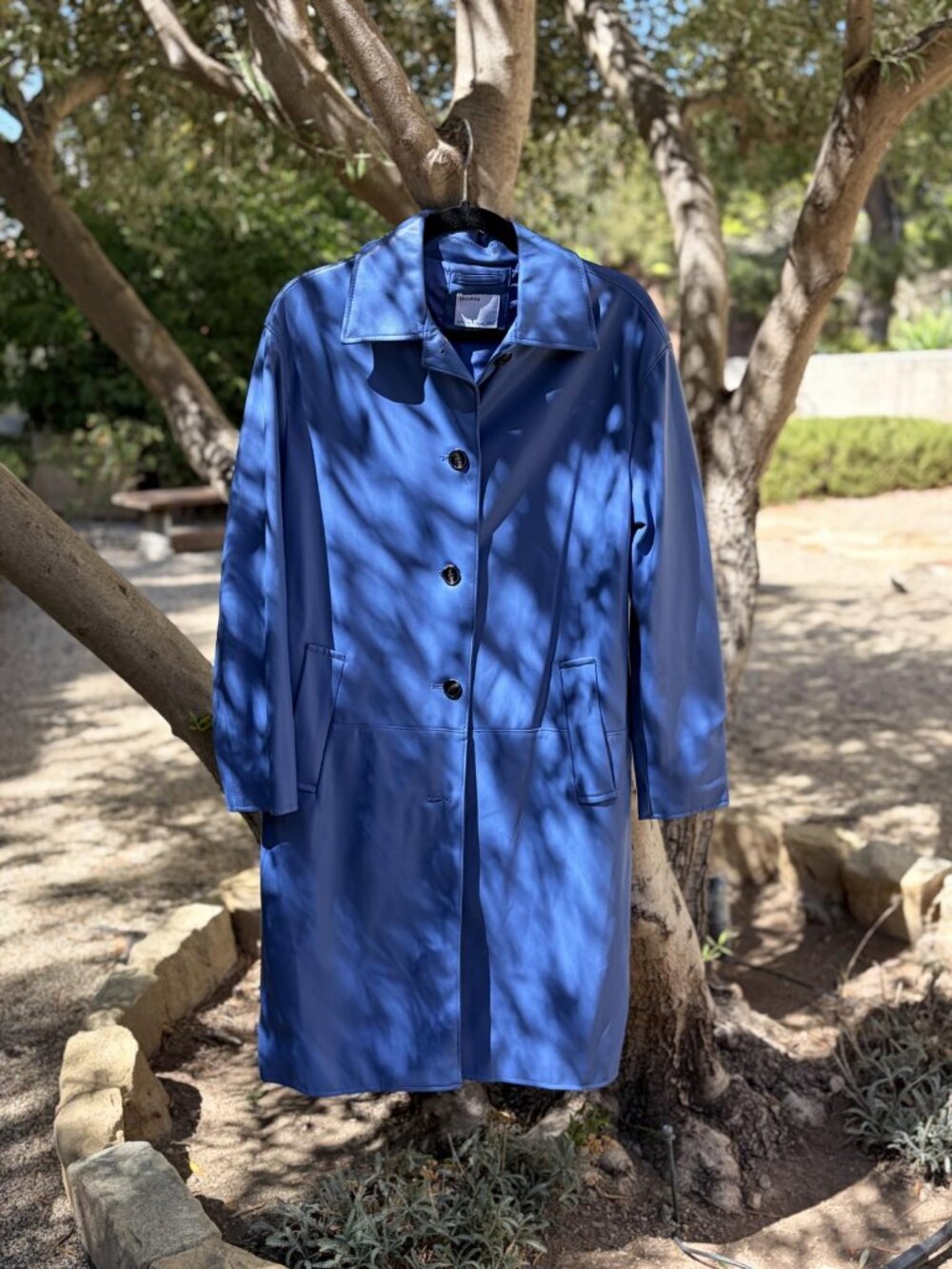 Bershka Blue Belted Leather-Look Trench Coat - Size Small